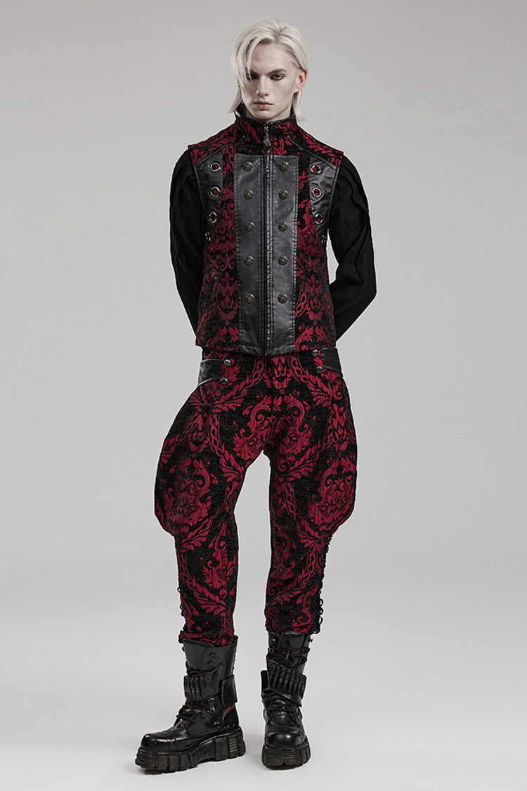 Black/Red Men's Stand Collar Jacquard Print Stitching Metal Ring Decoration Gothic Vest - Product - 4