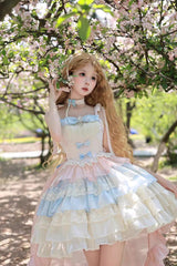 Blue/Pink/Apricot Multi-layer Ruffle Bowknot Sweet Princess Lolita Tiered Dress - Product - 2