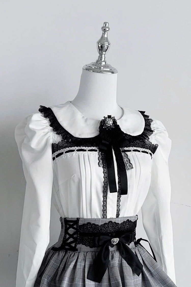 Jirai Kei Doll Collar Long Sleeves Triple-Layered Ruffled Bow Lace Japanese Skirt Blouse Set 2 Colors - White-Blouse(Only) - 13