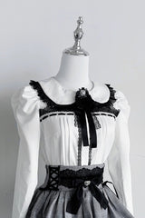 Jirai Kei Doll Collar Long Sleeves Triple-Layered Ruffled Bow Lace Japanese Skirt Blouse Set 2 Colors - White-Blouse(Only) - 13