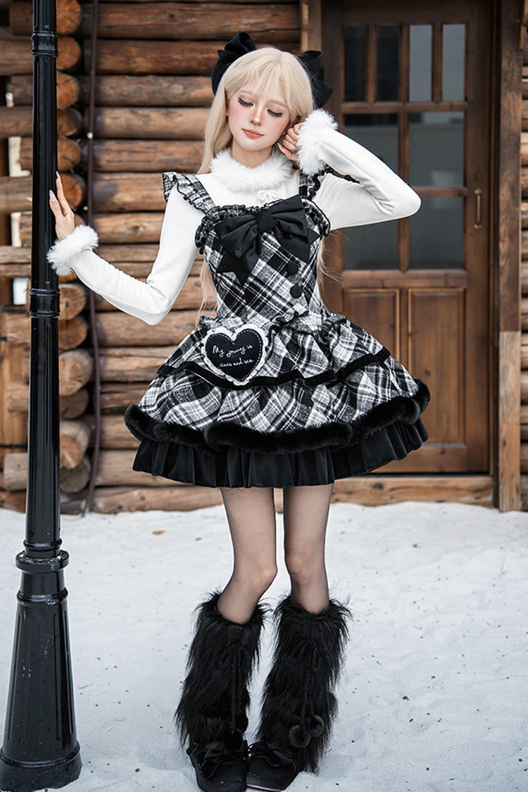 [Letters & Poems · Snowy Night Serenade] Triple-Layered Print Ruffle Bowknot Sweet Lolita Jsk Dress Set 2 Colors - Product - 13