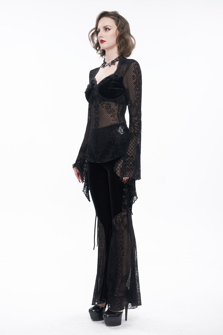 Black Velvet Mesh Splicing Metal Buttons Flared Sleeve Lace Women's Gothic T-Shirt - Product - 7