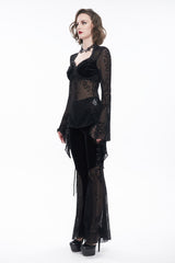 Black Velvet Mesh Splicing Metal Buttons Flared Sleeve Lace Women's Gothic T-Shirt - Product - 7