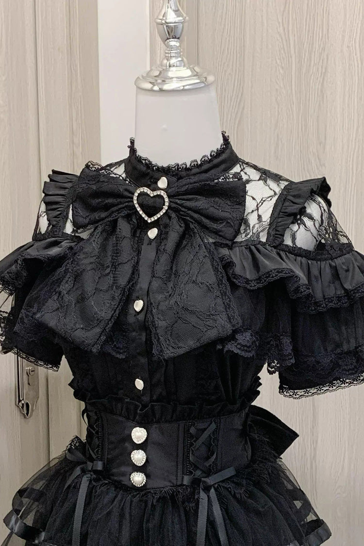 Sweet Ruffle Bowknot Lace Jirai Kei Japanese Blouse 2 Colors - Black - 1