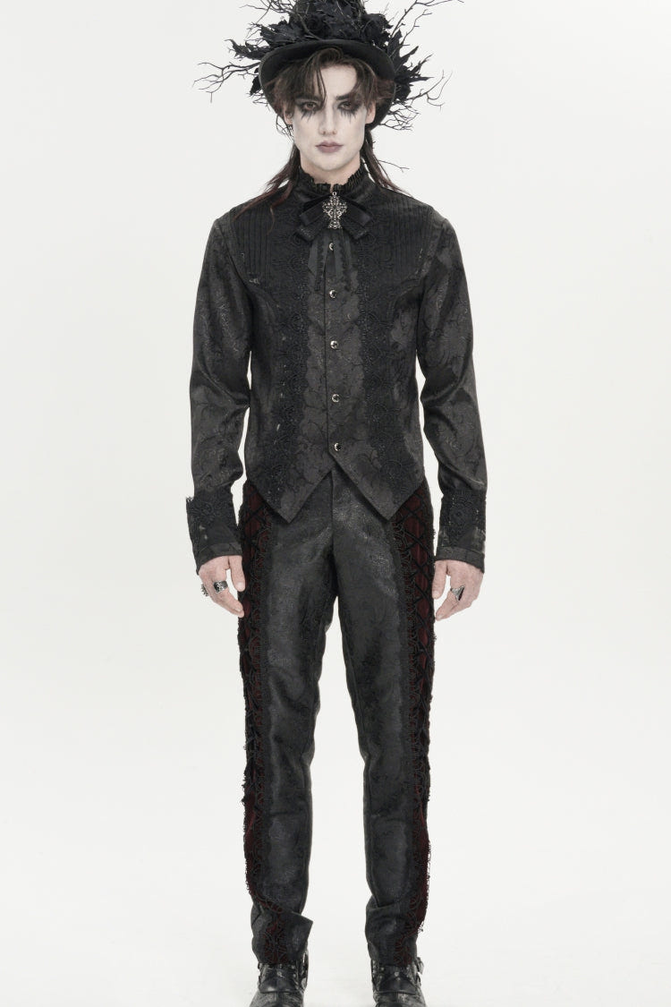 Black Stand Collar Long Sleeves Jacquard Embroidered Bow Lace Men's Gothic Palace Shirt - Product - 4