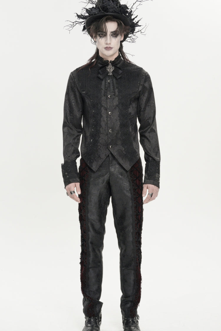 Black Stand Collar Long Sleeves Jacquard Embroidered Bow Lace Men's Gothic Palace Shirt - Product - 4