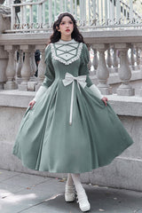 Green Nun Style Stand Collar Long Sleeves Ruffle Bowknot Classic Elegant Lolita Dress - Green - 1