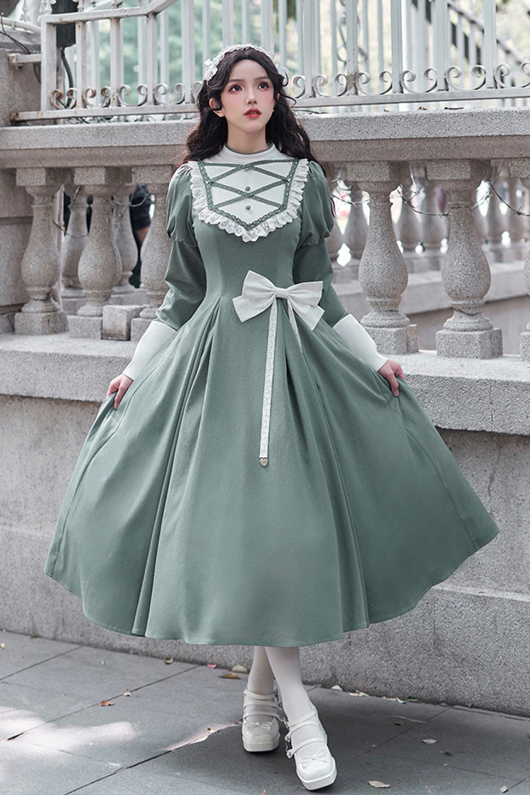 Green Nun Style Stand Collar Long Sleeves Ruffle Bowknot Classic Elegant Lolita Dress - Green - 1