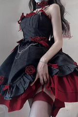 Red/Black Print Ruffle Bowknot Gothic Princess Lolita Jsk Dress - Product - 2