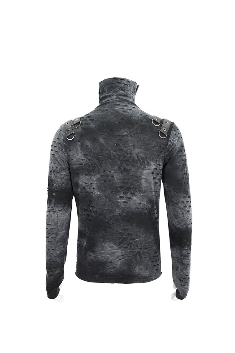 Grey/Black Lrregular Ripped Stand Collar Men's Punk Shirt - Product - 9