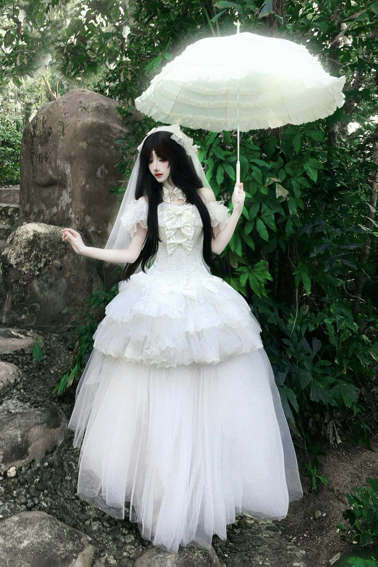 White [Pure White Prayer · Snow Love] Square Collar Ruffled Bow Lace Classic Gothic Lolita Dress Set - Product - 8