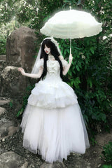 White [Pure White Prayer · Snow Love] Square Collar Ruffled Bow Lace Classic Gothic Lolita Dress Set - Product - 8