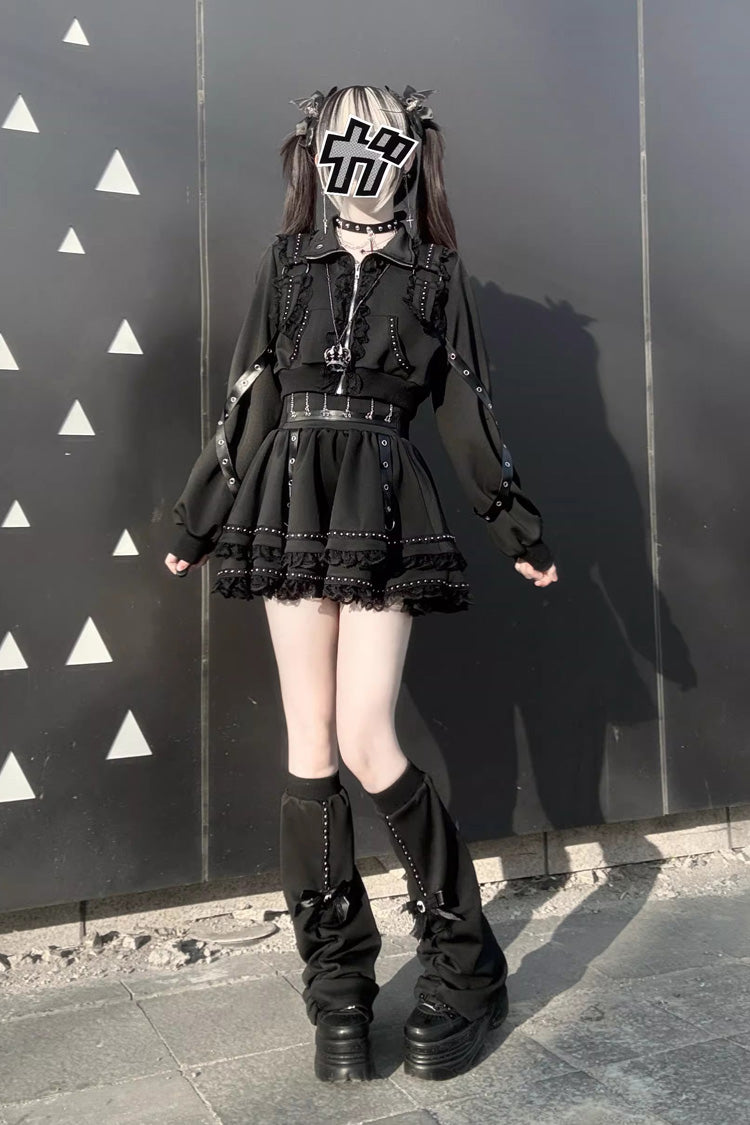 Black [False Judgment] Ruffled Lace Zippered Gothic Jirai Kei Japanese Handsome Skirt Set - Product - 6