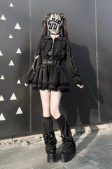 Black [False Judgment] Ruffled Lace Zippered Gothic Jirai Kei Japanese Handsome Skirt Set - Product - 6