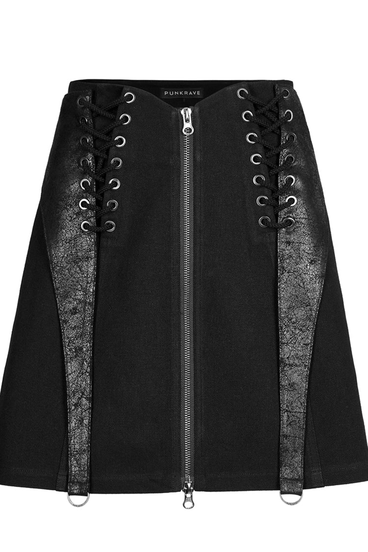 Black Faux Leather Cross Strap Design Metal Zipper Decoration High Waist Women's Punk Skirt - Product - 5
