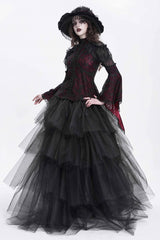 Red Stand Collar Long Trumpet Sleeves Embroidery Stitching Lace Women's Gothic Blouse - Product - 8