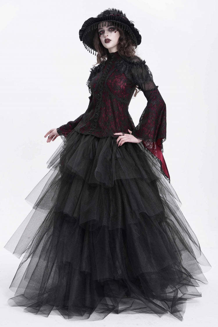 Red Stand Collar Long Trumpet Sleeves Embroidery Stitching Lace Women's Gothic Blouse - Product - 8