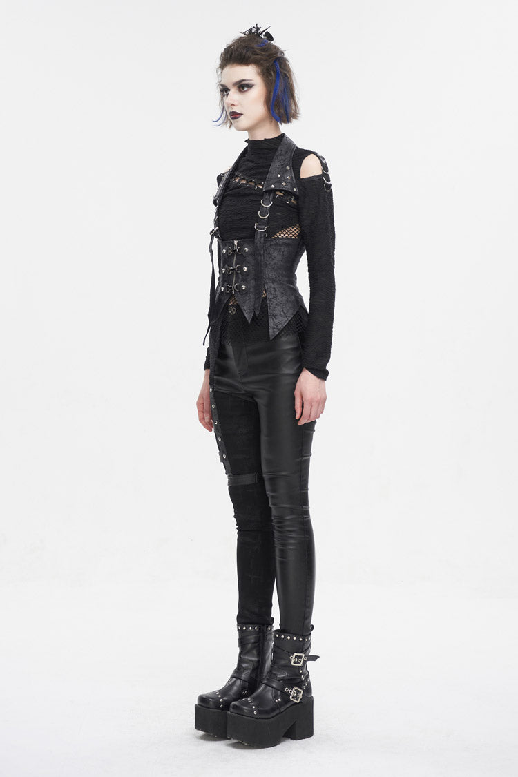 Black Irregular Lace Up Women's Gothic Vest With Detachable Collar - Product - 5