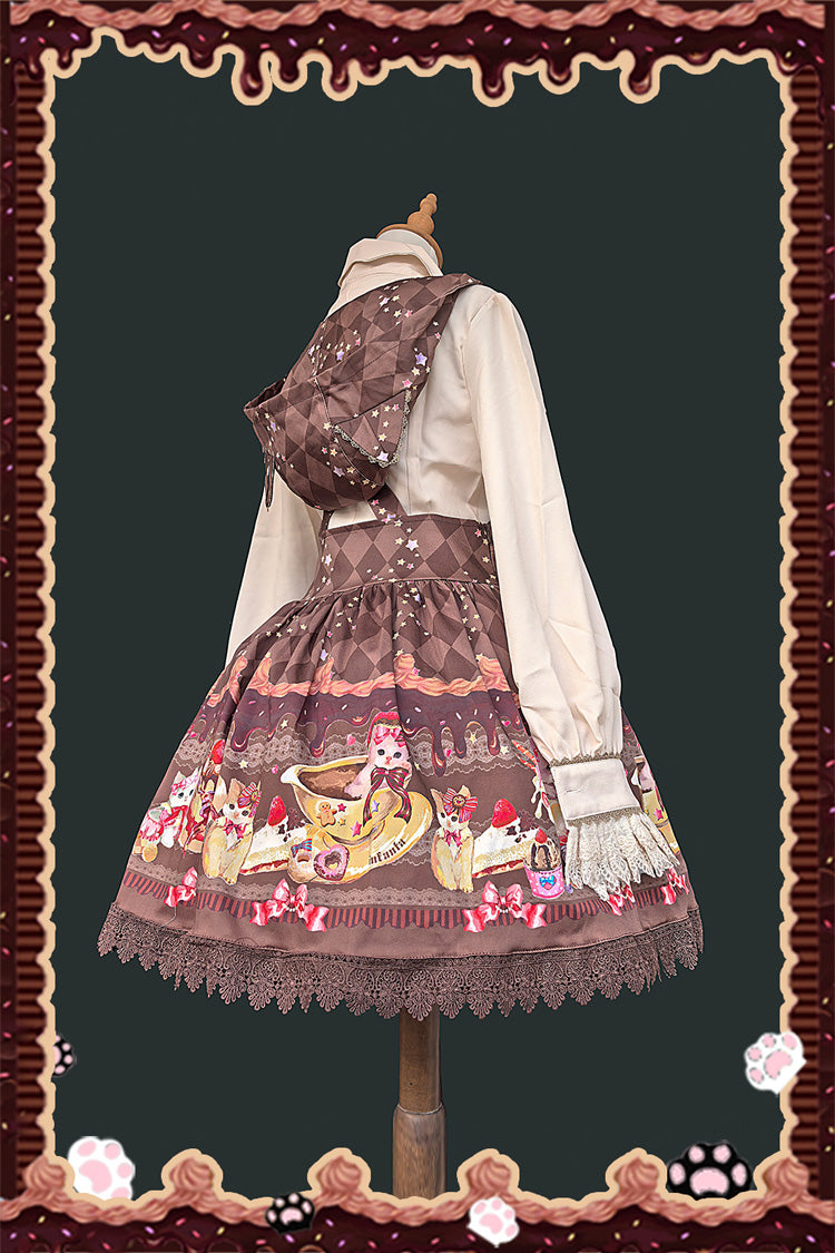 [Cream Meow] Sleeveless Print Bowknot Hooded Sweet Lolita Strap Dress 3 Colors - Product - 8