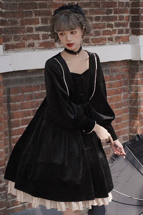 Black Velvet Fake Collar High Waist Classic Lolita OP Dress - Product - 3