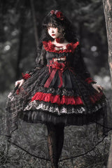 Black/Red [Perlia’s Night] Long Puff Sleeves Ruffled Open-Front Bow Lace Gothic Lolita Dress - Black/Red - 1