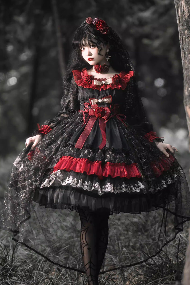 Black/Red [Perlia’s Night] Long Puff Sleeves Ruffled Open-Front Bow Lace Gothic Lolita Dress - Black/Red - 1