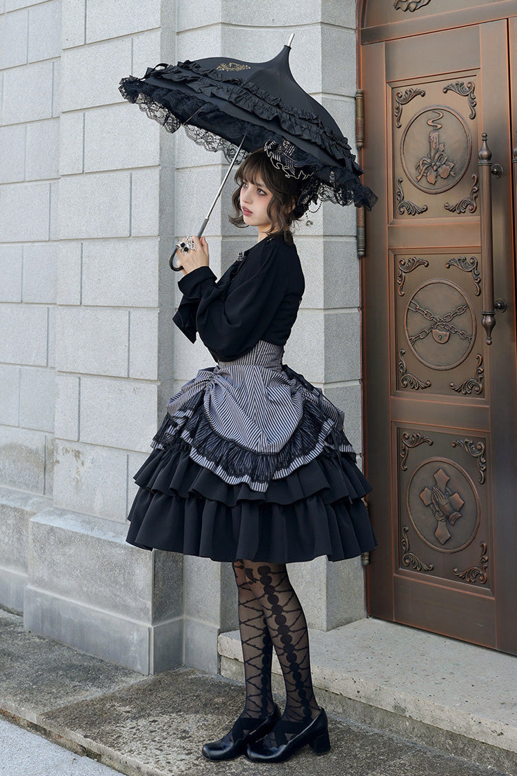 Black [Point Manor] Multi-Layered Striped Printed Ruffled Lifted Hem Bow Gothic Lolita Skirt - Product - 5