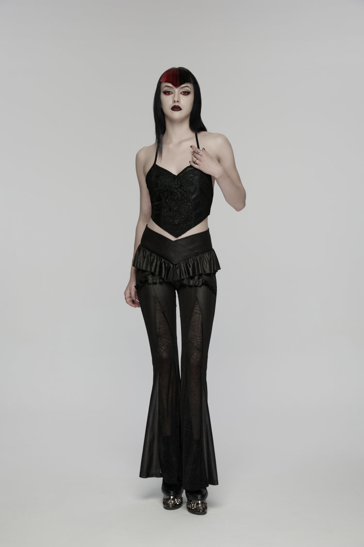 Black Ruffled Women's GothicRuffled Cobweb Pattern Flared Pants - Product - 7