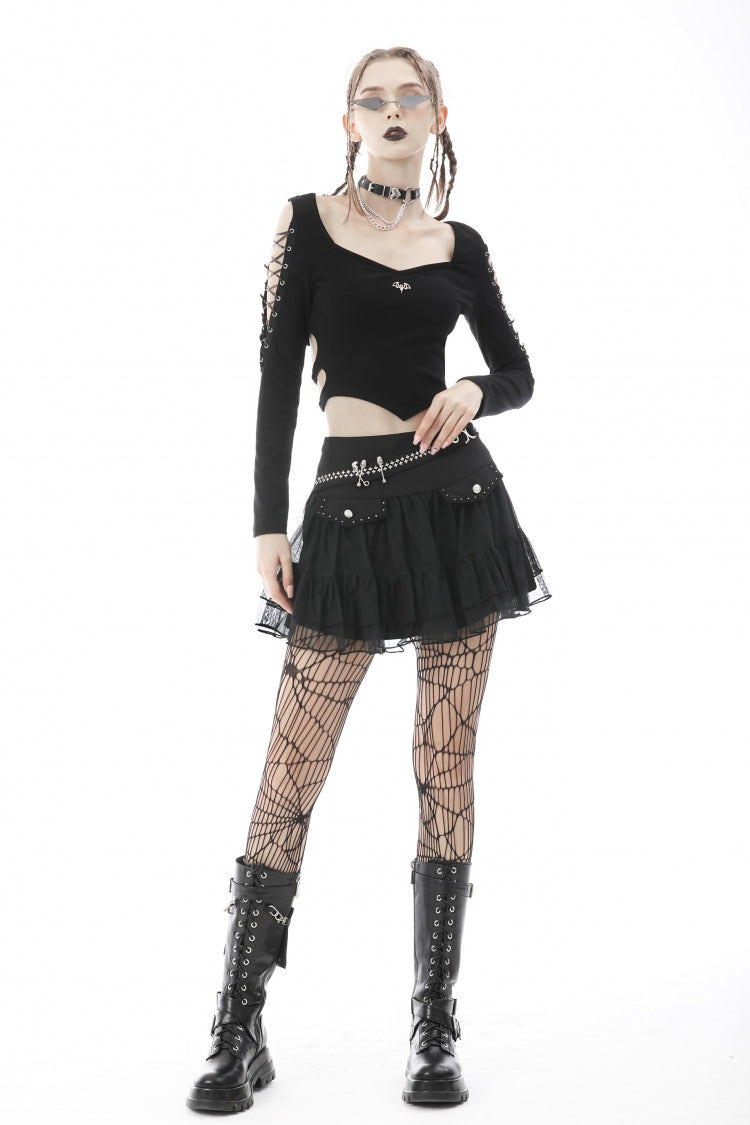 Black Long Sleeves Irregular Strappy Bat Women's Punk Crop Top - Product - 5