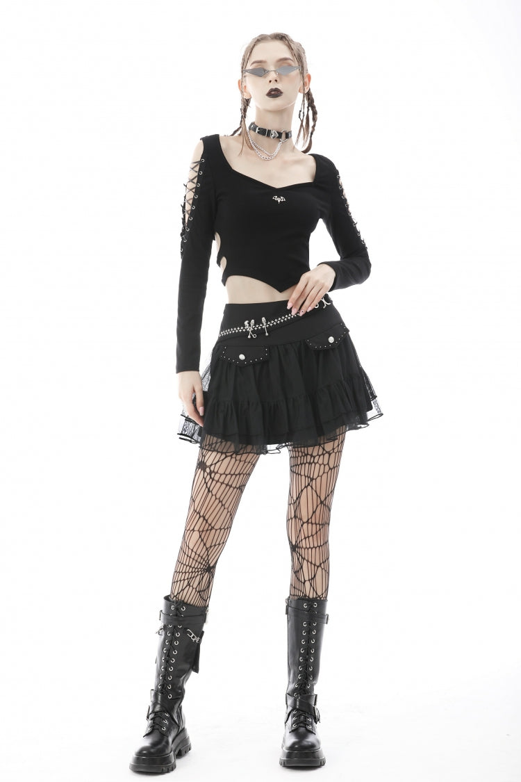 Black Long Sleeves Irregular Strappy Bat Women's Punk Crop Top - Product - 5