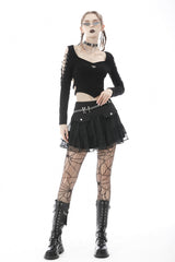 Black Long Sleeves Irregular Strappy Bat Women's Punk Crop Top - Product - 5