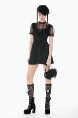 Black Lace Short Sleeves Cross Ruffled Women's Gothic Graduation Dress - Product - 8