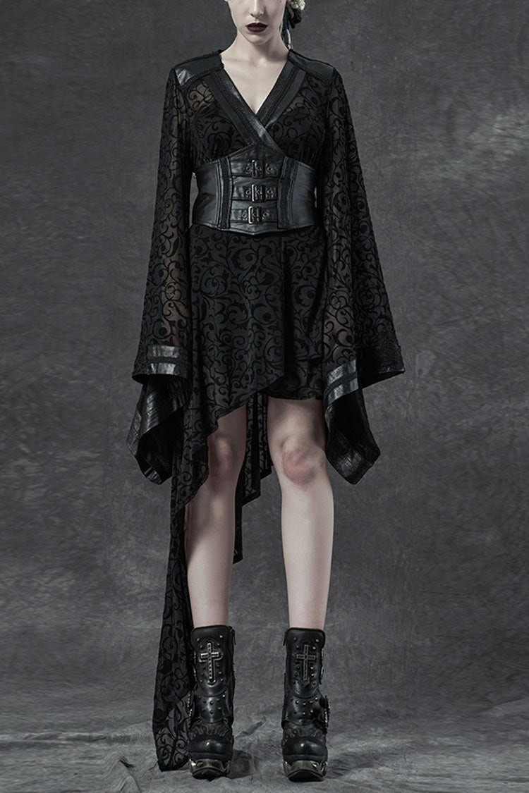 Black V Collar Long Trumpet Sleeves Embroidery Lace Girdle Irregular Womens Gothic Dress - Black - 1