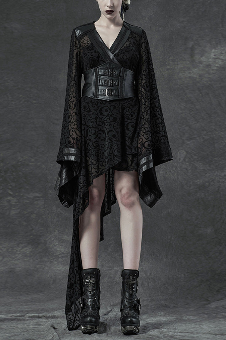 Black V Collar Long Trumpet Sleeves Embroidery Lace Girdle Irregular Womens Gothic Dress - Black - 1