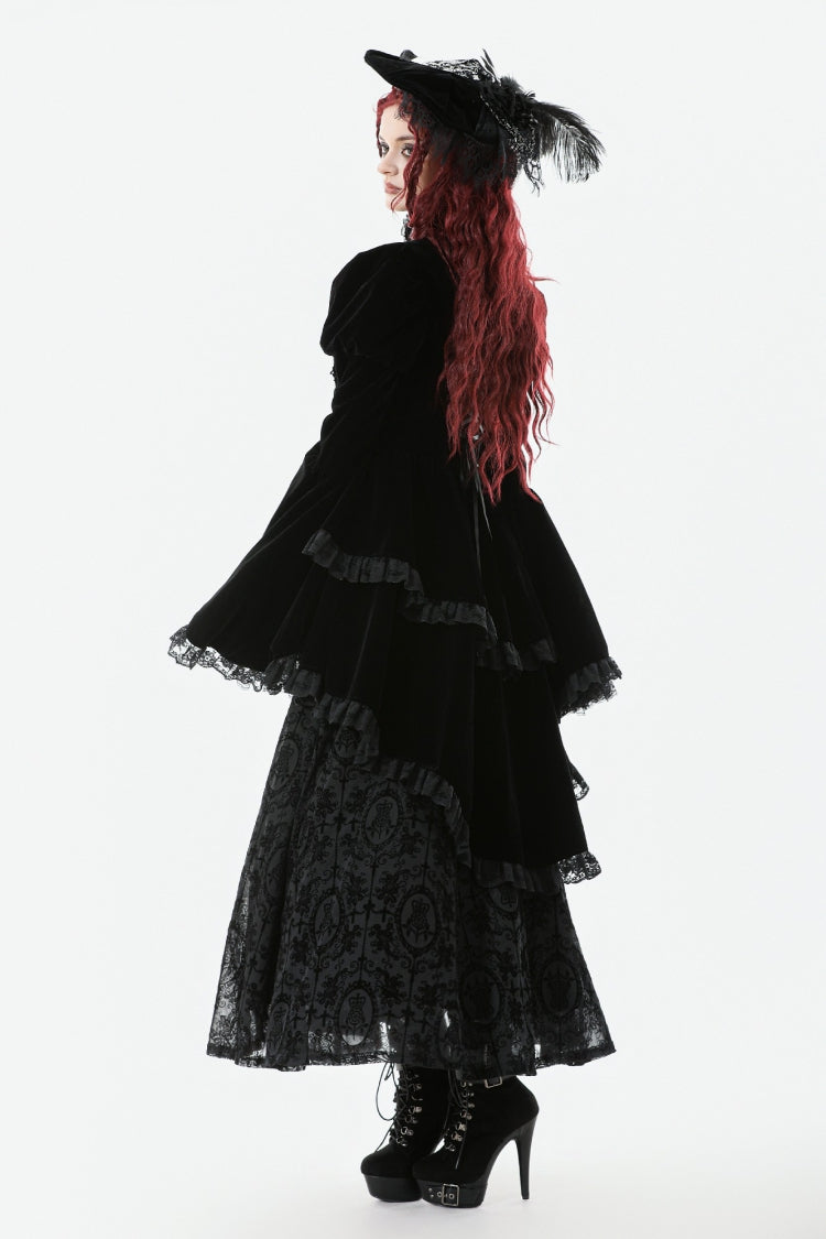 Black Long Puff Sleeves Multi-Layered Ruffled Lace Hem High Low Women's Gothic Coatlet - Product - 11