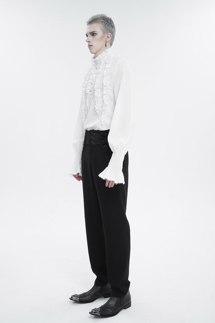 White Irregular Stand Collar Puff Sleeved Ruffled Men's Gothic Shirt - Product - 4