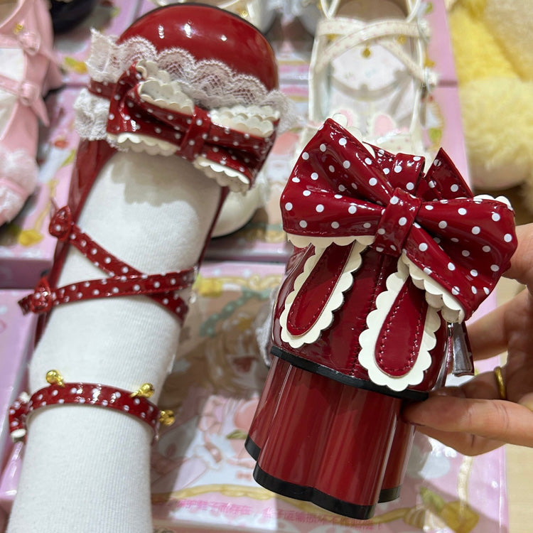 Rabbit Accent Bow Cross-Strap Mid-Heel Lolita Shoes with Cat Paw Heels and Ankle Bells - Wine-Red - 6