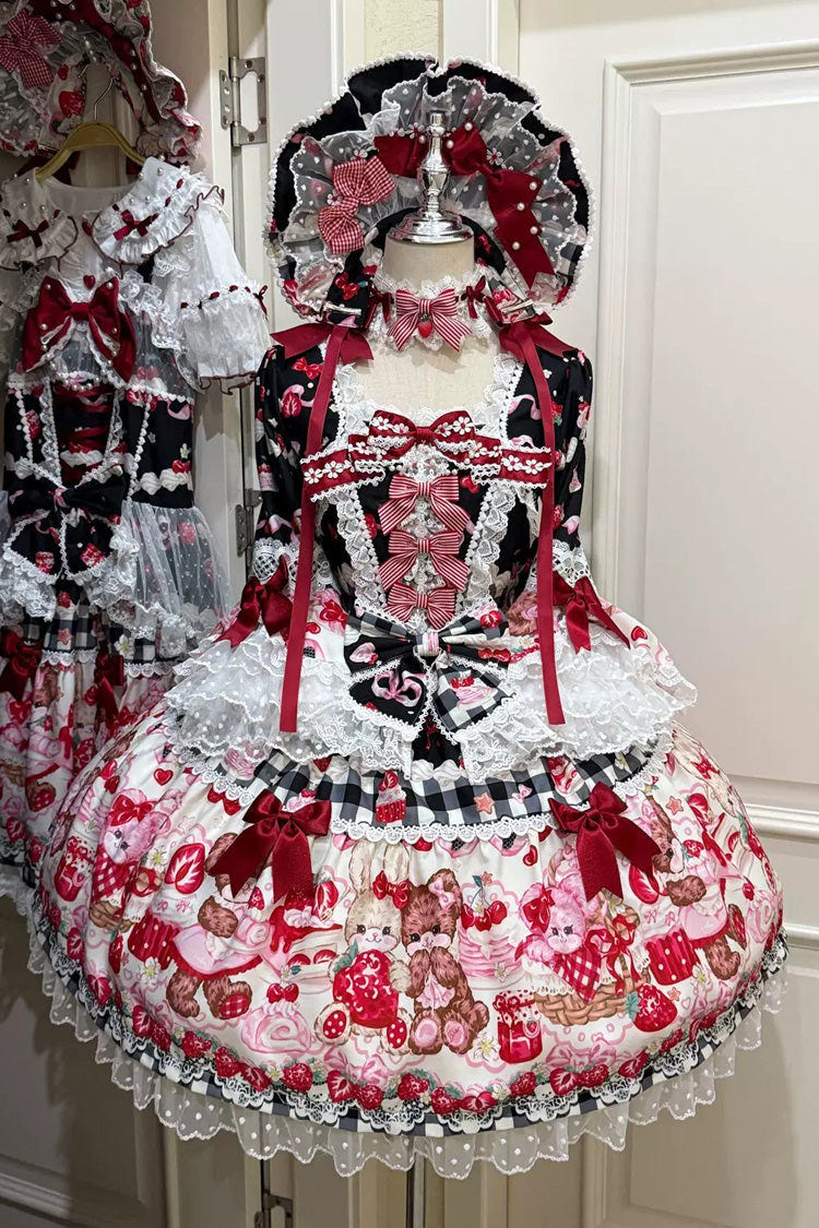 Black/Red [Sweet Berry Bunny Bear] Half Sleeves Printed Bow Lace Lace-Up Sweet Lolita OP Dress - Black/Red - 1
