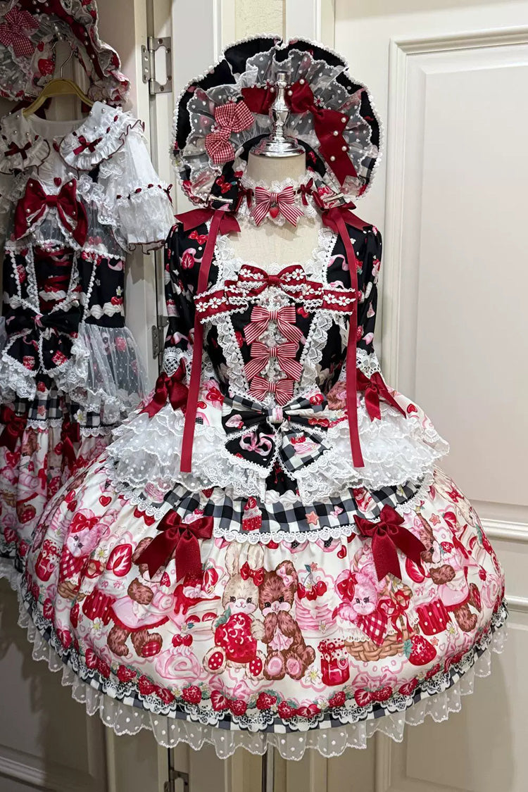 Black/Red [Sweet Berry Bunny Bear] Half Sleeves Printed Bow Lace Lace-Up Sweet Lolita OP Dress - Black/Red - 1