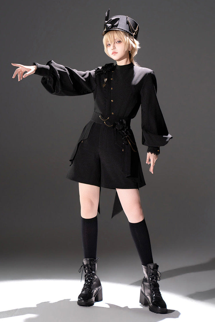 Black [Will of the Rose] Round Collar Long Sleeves Asymmetric Gothic Vintage Elegant Knight Prince Ouji Lolita Blouse Shorts Set - Product - 10