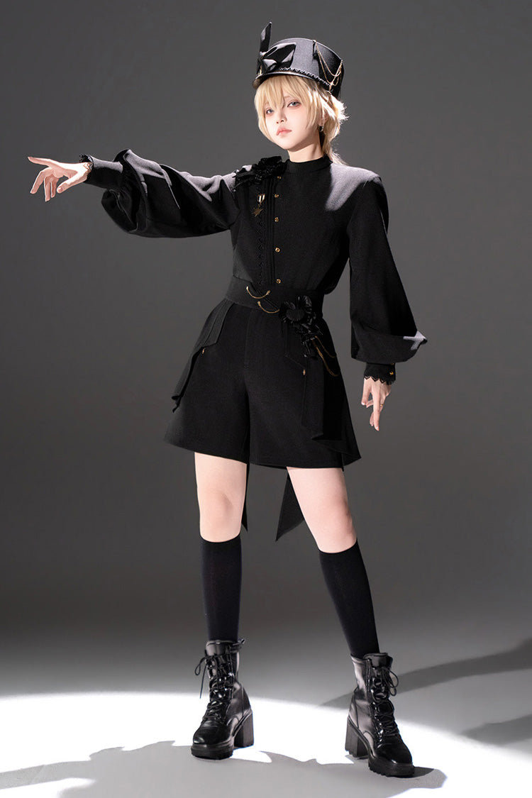 Black [Will of the Rose] Round Collar Long Sleeves Asymmetric Gothic Vintage Elegant Knight Prince Ouji Lolita Blouse Shorts Set - Product - 10