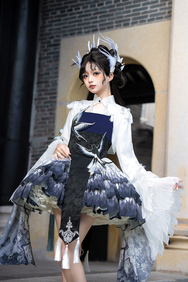 Dark Blue [Feathered Finch] Multi-Layered Print Ruffle Classic Chinese Style Lolita Jsk Dress Set - Product - 4
