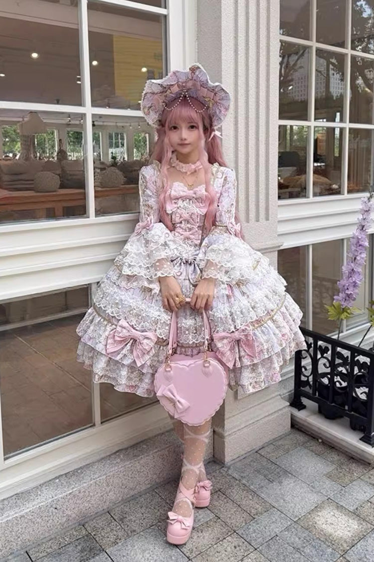 Purple [Candlelight Elegance] Long Trumpet Sleeves Multi-Layered Ruffle Bowknot Lace Sweet Elegant Lolita Dress - Product - 4