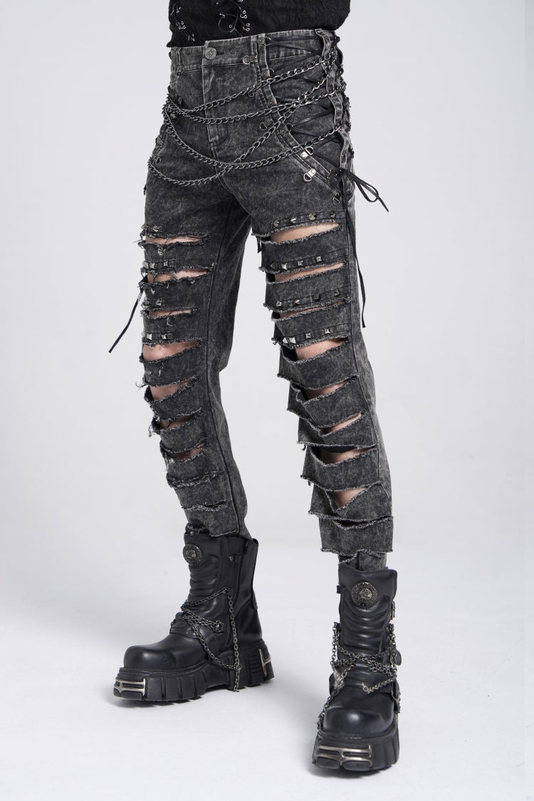 Black Ripped Rivet Men's Punk Pants with Chain - Product - 3