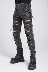 Black Ripped Rivet Men's Punk Pants with Chain - Product - 3