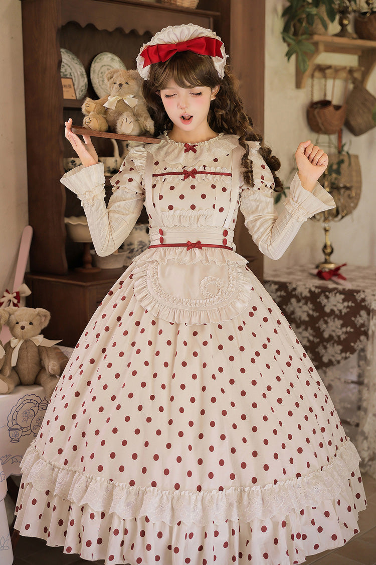Apricot [Lollipop] Cotton Round Collar Long Lantern Sleeves Polka Dot Printed Ruffled Bow Lace Sweet Elegant Lolita Dress 2 Versions - Product - 24