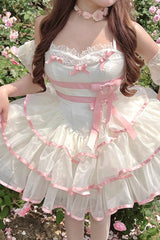 Pink/Beige Ballerina Style Bowknot Slim Fluffy Princess Sweet Lolita Tiered Dress - Product - 12