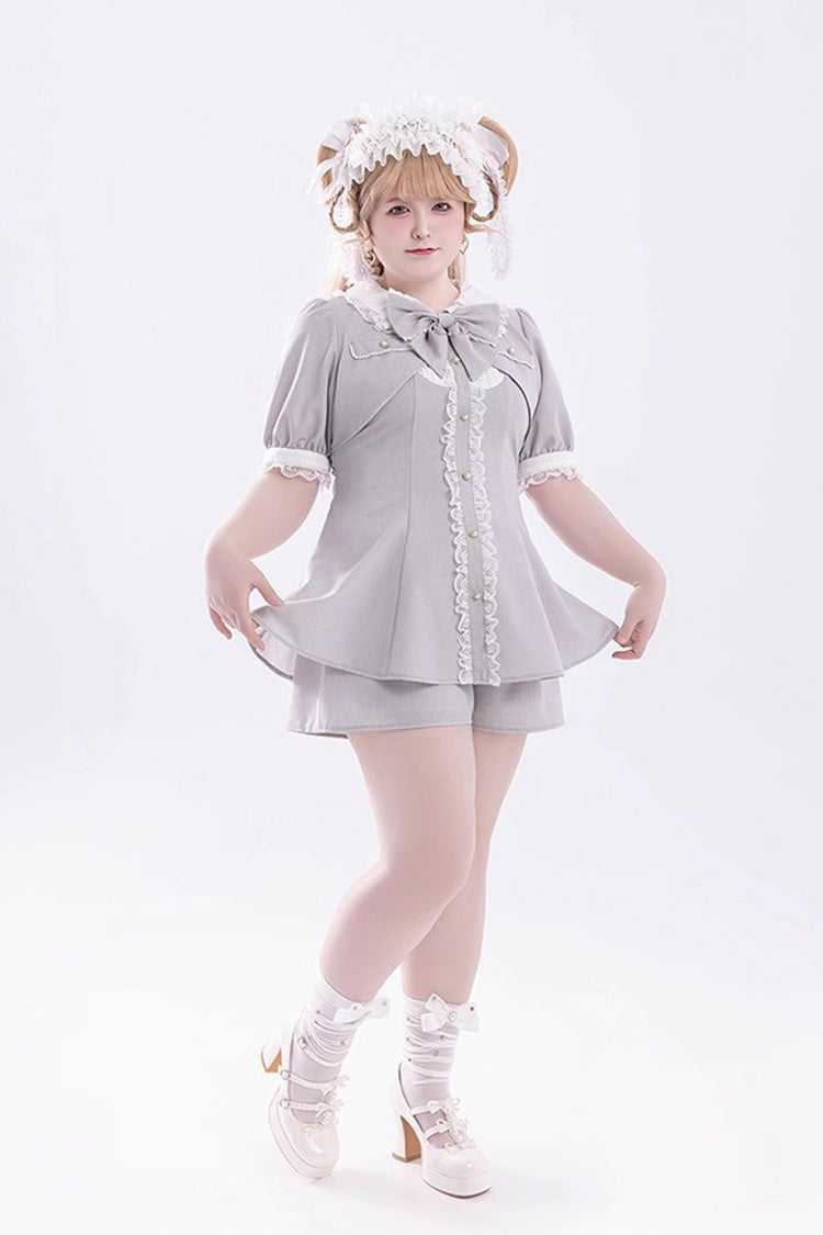 Grey Short Sleeves Ruffle Bowknot Fake Two Pieces Jirai Kei Japanese Dress Shorts - Product - 13