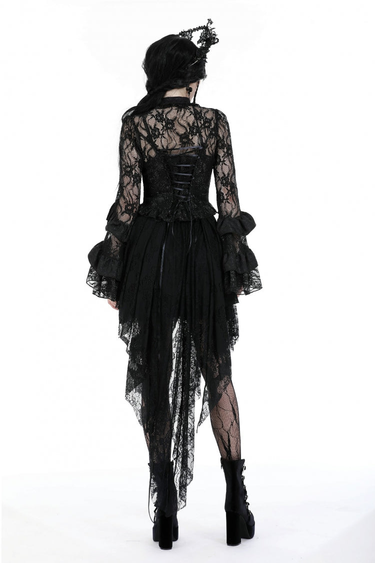 Black Multi-Layered Long Trumpet Sleeves Lace Lace-Up Women's Gothic Top - Product - 4
