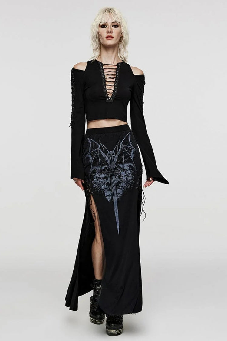 Black V Collar Off Shoulder Long Sleeves Hollow Tie Rope Womens Steampunk T-Shirt - Product - 4